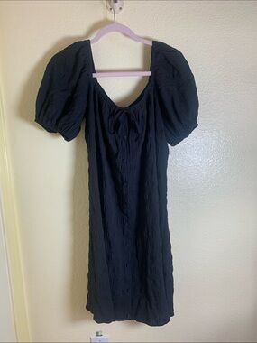 NWT YESFASHION Black Puff-Sleeve Mini Dress with Scoop Neck, Size L